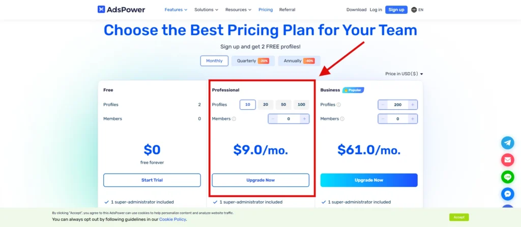 AdsPower 10-profile Professional plan