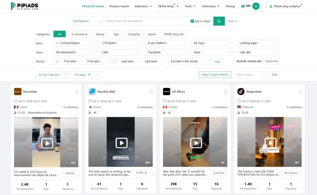 PipiAds TikTok Ad Search Feature