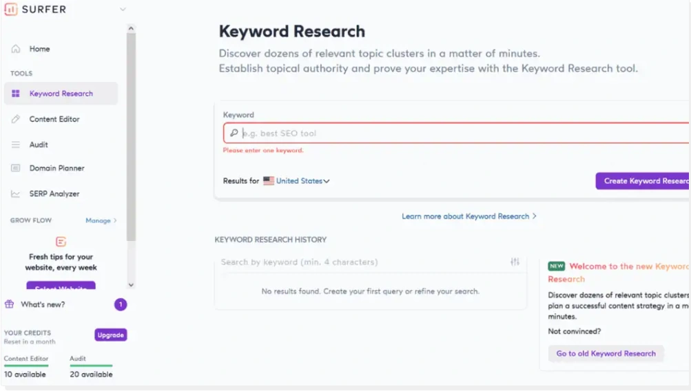 Use Surfer SEO keyword tool to identify opportunities