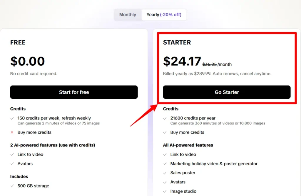 Choose Pippit AI yearly Starter plan