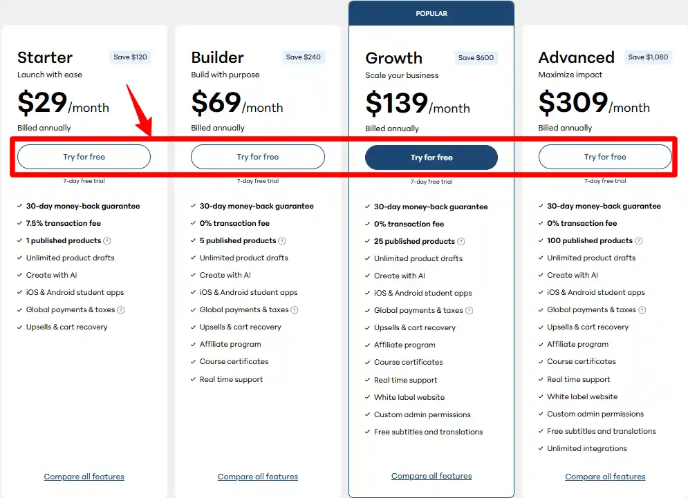 Pick Teachable preferred plan