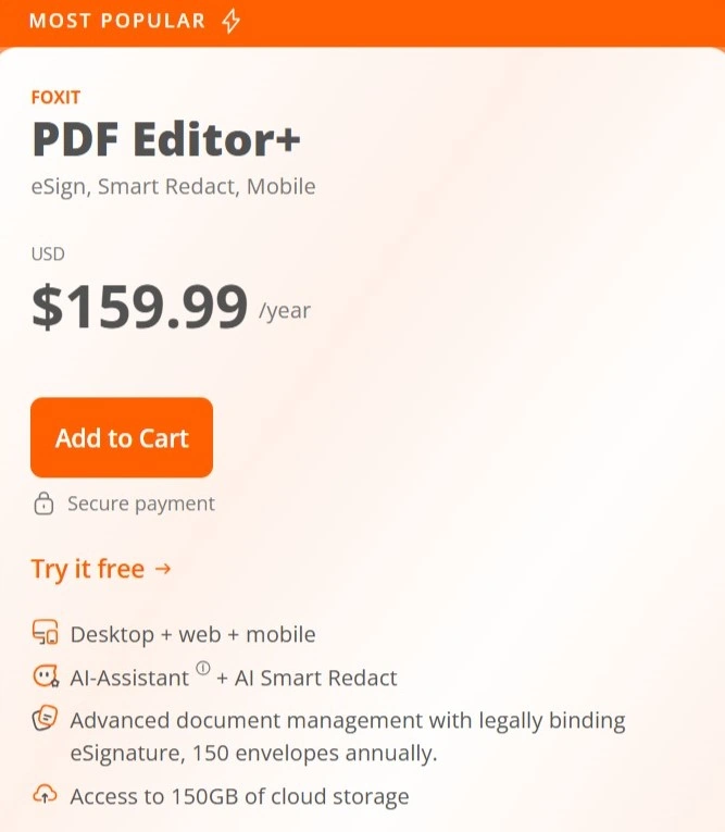 Foxit PDF Editor Pricing Base Plan