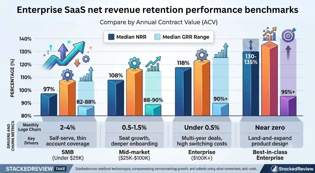 SaaS Retention Rate Statistics: 2026 Data and Projections 2 Enterprise SaaS net revenue retention performance benchmarks