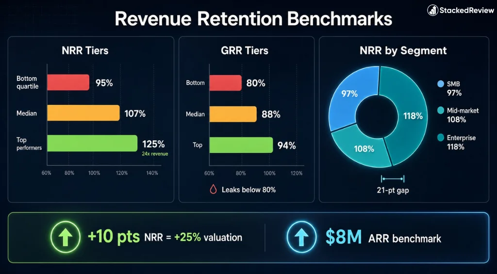 SaaS Churn Rate Statistics 2026 Benchmarks By Customer Segment 5 Revenue retention benchmark comparison for SaaS businesses