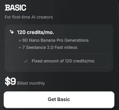 Higgsfield AI Pricing 2026: Full Plans and Credit Breakdown 3 Higgsfield Basic pricing