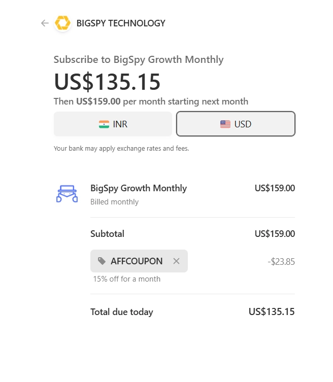 BigSpy Coupon 2026: Grab Up To 15% Off With AFFCOUPON 9 Apply Coupon code in BigSpy